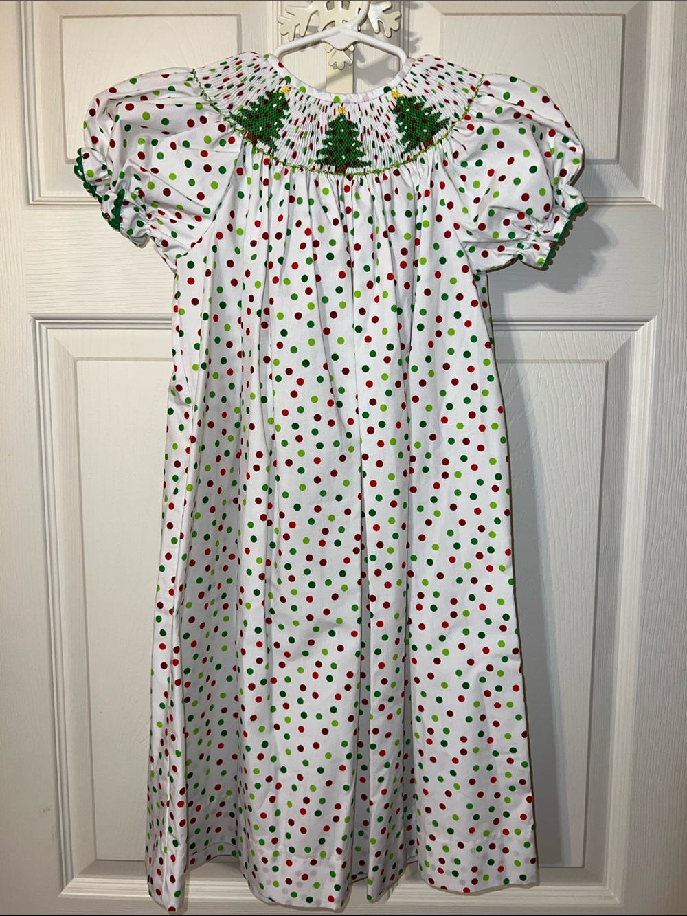 Girls White Holiday Polka Dot Smocked Christmas Trees Dress